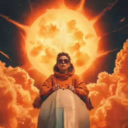 there is a woman standing on top of a surfboard