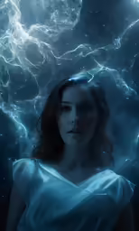 a woman looking into the distance under stars