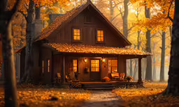 a house with a fall foliage covering it,a cabin is lit up and surrounded by leaves