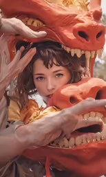 a close up of a child touching the head of a large dragon statue