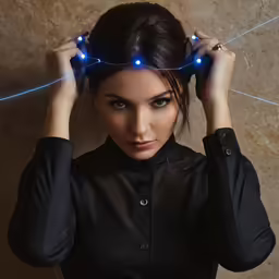 a girl in black top holding two blue lights