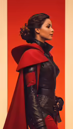 a woman with red cape and a black cape