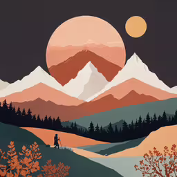 an art print of a man standing on a mountain looking at the setting sun,a painting of a man at the foot of a mountain