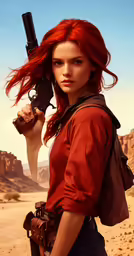 woman holding a gun over head with desert background