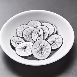 sliced kiwi fruit in a bowl on a dark background