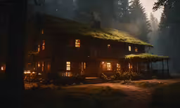 a cabin house with a mossy roof at night,a dark forest with light from two windows and a grass roof