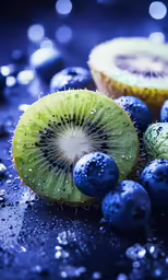 some blueberries and lime fruit in the rain