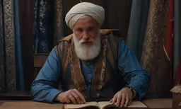 the bearded man with the white turban is holding a book