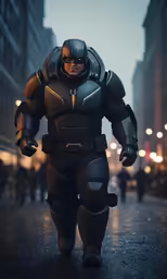 a man in an armor suit is on a street