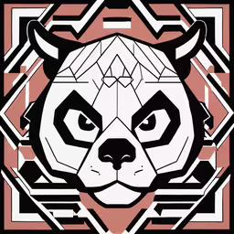 a panda head in a red and white checkerboard pattern,a panda face with geometric shapes on it