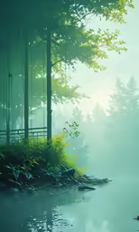 a photo of fog, water and trees around a pond