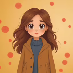 a cartoon girl with long hair in brown coat