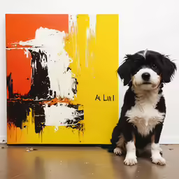 a black and white dog sitting in front of an art piece