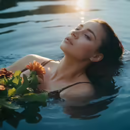 a woman laying down in water next to flowers