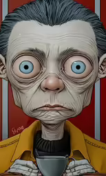 the image shows a creepy man with blue eyes holding a coffee mug