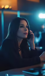 a young woman is sitting at a table and talking on her cell phone