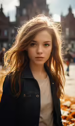 a woman with long hair in an autumn picture