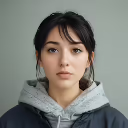 an asian woman with dark hair wearing a grey sweatshirt