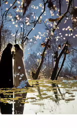 a couple in wedding gowns stand next to each other