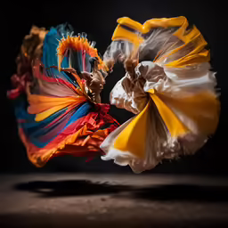 two women wearing colorful and artistic clothing are holding each other