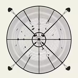 an ink drawing of an umbrella with arrows,a drawing with arrows pointing in different directions,an image of a circle with a target in it,an abstract drawing of a diagram, on a white background,an illustration of a target is shown in the center