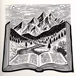 a book with the mountains and trees on it,a graphic that is on display for a book