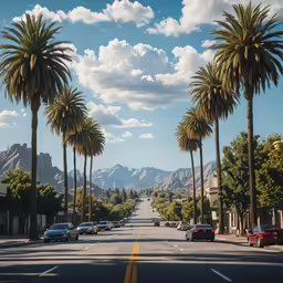 palm trees line the street near houses
