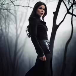 young woman in black dress standing in forest