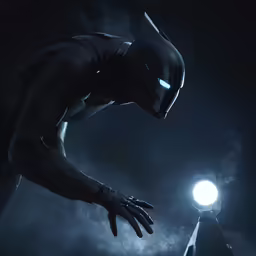 the futuristic man in his armor standing next to a glowing object