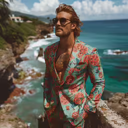 man wearing sunglasses, suit and standing on rock in front of ocean,a man standing on top of a cliff next to the ocean