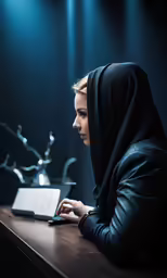 a woman with hood looking down at her tablet