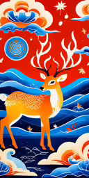 a deer standing in the middle of a painting with red sky behind it