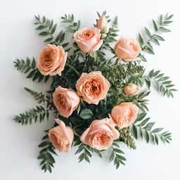 flowers with leaves are arranged on a white background