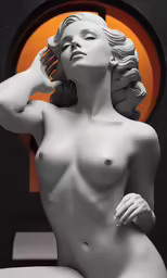the small statue is sitting against a black and orange wall