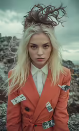 a woman with blond hair wearing an orange coat and scarf