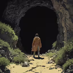 a person walking towards a tunnel with grass and rocks