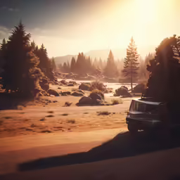 the jeep is parked in the field near pine trees