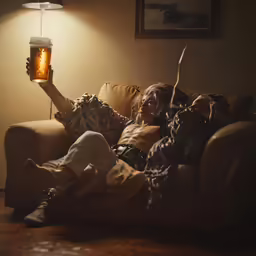 a person sitting on a couch holding up some kind of lit object