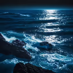the view of an ocean from a dark rocky area