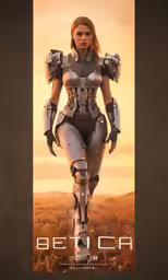 a woman is walking across a field with her futuristic body