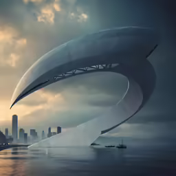 a boat passes through an architecturalally shaped city