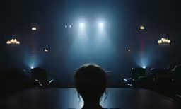 a view of the back of a person in a dark theater