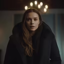a girl looks intently in the distance while wearing a black coat