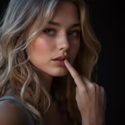 a young blonde woman with long wavy hair and wearing a dark tank top