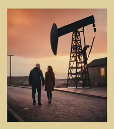 a man and woman walk down the road by an oil rig