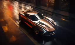 the gold and black sports car is driving on a city street