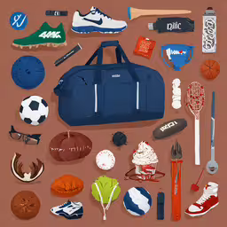 a collection of sports themed items are displayed on an orange background,a sports bag surrounded by different items from all over the world