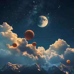planets flying over the mountains under a blue sky