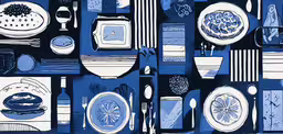a blue and white photograph of plates with forks, knives and spoons,a blue and white photograph with food and drinks on plates