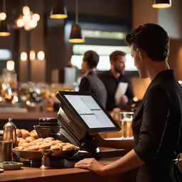 a woman in a restaurant serving a plate of food
